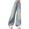 Generisch Jeans da ragazza, in denim, elasticizzati, a vita alta, pantaloni cargo larghi, con tasche, fori, casual, elasticizzati, vintage, elasticizzati, Y2K, Streetwear per bambini, 4-13 anni, Blu, 11-13 anni