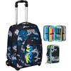 Seven Trolley Fisso Scuola, GreenScreen, Blu, 2 in 1, Doppio Uso + Astuccio 3 Scomparti Nero Bambino e Ragazzo