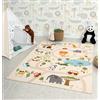 the carpet Happy Life - Tappeto da gioco per bambini, lavabile, con immagine di una strada, una giungla auto e animali, sfondo beige, 140 x 200 cm