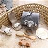 Youuys 7 Pezzi Regalo Set per Neonato, Regalo per Bambino e Bambina, Asciugamano da Bagno, Sonaglio, Giocattolo in Legno, Cartoline, Calzini, Spazzola, Baby Shower (Elefante Grigio)