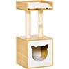 Easycomfort Casetta per Gatti con Pali Tiragraffi in Sisal, Cuscini Lavabili e Pallina, 35x35x81cm, Quercia