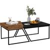 Easycomfort Set 2 Tavolini da Caffè in Truciolato e Acciaio, Tavolo Nero 80x60x42 cm e Tavolo Marrone 60x60x46 cm