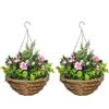 Easycomfort Set di 2 Piante Finte Lisianthus da Appendere per Interno ed Esterno con Vaso in Vimini e Catenelle, ?25x34cm, Rosa e Verde