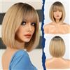 Haircube Parrucca Bob dritta con frangia, parrucca da donna in biondo scuro ombre con radici marroni, 12 pollici, parrucca in fibra sintetica naturale, per feste/cosplay/uso quotidiano (Ombre oro)