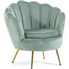 SIEDITI FUORI E DENTRO Poltrona Imbottita con schienale a conchiglia in velluto con gambe cromate dorate, poltrona da salotto e camera da letto design vintage e retrò Perla (Gambe Oro, Velluto Verde Menta)