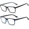 MMOWW Confezione da 2 Occhiali da Lettura Donna Uomo, Anti Luce Blu Rettangolari Occhiali con Cerniere a Molla (Grigio + Blu Scuro, +1.5)