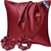 Seiwohl Set di 2 Federe Raso 80x80cm & 2 Scrunchies, Federa per cuscino in seta, Design con apertura a lampo, Morbido come una Federe Seta Cuscino, Rosso vinaccia Federe Cuscini 80x80