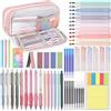 DazSpirit 61 Pezzi di Forniture Scolastiche con Astucci, 12 Evidenziatori Pastello, 4 Penna Gel Cancellabile, 5 Penne a Gel, 6 Portamine, Set di Cancelleria per Studenti, Appunti e Diario (Rosa)
