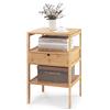 KOMFOTTEU Comodino Camera da Letto con Cassetto e Scaffale a Doghe, Comodino Piccolo a 3Livelli in Bambù, Tavolino Lato Classico per Soggiorno, Naturale, 40 x 40 x 68 cm(L x P x A)