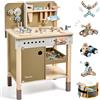 Toywoo Set di attrezzi per bambini, strumenti in legno panca con grembiule per bambini giocattolo banco da lavoro con strumenti realistici trapano elettrico STEM BAU giocattoli regali per età 3-9 ragazzi