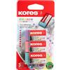 Kores - KE-30: Gomme in PVC con Rivestimento in Carta, Non Tossiche e Adatte ai più Piccoli, Articoli per la Scuola e l'Ufficio, 40 x 21 x 10 mm, Confezione da 3 in Colori Pastello Assortiti