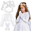 BOFUNX Bolero Bambina Cerimonia Cardigan Bambine Elegante + Corona di Fiori con Velo + Guanti in Raso Bianco Abito Ragazze Matrimonio Battesimo Compleanno Festa