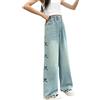 Generic Jeans larghi per ragazze Jeans con stampa a fiocco per bambini Modello carino Azzurro Vita elasticizzata Adolescenti Denim Pantaloni Cargo Gamba Larga Ragazza Hip Hop Pantaloni Vintage Casual