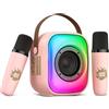 PHNIXGAM Mini macchina per karaoke con due microfoni wireless, altoparlante Bluetooth portatile per adulti e bambini, microfono per karaoke con LED, supporto altoparlante per scheda