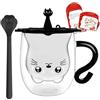 Afitdon Tazza Nera con Manico Vetro Doppia Parete con cucchiaio in acciaio inox a forma di zampa di gatto e coperchio in silicone & scheda di auguri, Tazza da Caffè di Gatto Carino per cappuccino