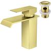 CREA Rubinetto per bagno a cascata, con scarico, miscelatore da bagno con beccuccio, altezza 10,7 cm, rubinetto ad alta pressione per bagno, colore oro spazzolato