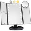 HIYAA Specchio da trucco con 22 luci a LED, specchio cosmetico pieghevole con ingrandimento 1X/2X/3X/10X, specchio da trucco con illuminazione touch, supporto USB, nero