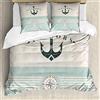 ABAKUHAUS Nautico Set Copripiumino, Marine Anchor Vintage, Arredamento del Letto, 3 Pezzi con 2 Federe Cuscini, 155 x 200 cm - 80 x 80 cm, Seafoam Nero Beige