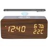 Lancoon - Sveglia digitale con ricarica wireless LED, display temperatura e umidità, 3 allarmi, luminosità regolabile, controllo del suono, per camera da letto, casa, ufficio (Marrone)