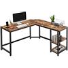 BAKAJI Scrivania Angolare a L, con Libreria 2 Ripiani, Tavolo da Lavoro Porta Pc Computer, Struttura in Metallo Nero e Piano in Legno Effetto Anticato Arredamento Ufficio Design Stile Industriale