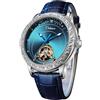 FORSINING Orologio automatico da uomo, casual, meccanico a carica manuale, cinturino in pelle, tourbillon, quadrante grande, luminoso, alla moda, Blu