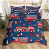 Loussiesd Set di biancheria da letto per auto fumetto camion dei pompieri copripiumino camera pompiere copertura pompiere auto veicolo pompiere blu rosso 3 pezzi matrimoniale