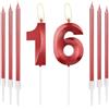 mciskin Candele rosse per 16 compleanni, design 3D, numero 16, per torta con 6 candele lunghe/sottili, decorazione rossa per torta per ragazza, 16° compleanno, decorazioni per 16° anniversario di