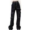Generic Harajuku Hip Hop Pantaloni cargo da donna neri con cuciture bianche, jeans elasticizzati, a vita alta, multitasche, pantaloni cargo Baggy Y2K Jeans lunghi, Techwear, Nero , S