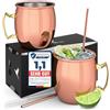 Beyond Moscow Mule,Set di 2 bicchieri in rame con cannucce e spazzola per la pulizia, in scatola di design,Originale Moscow Mule Mug con superficie liscia e lucida come regalo per la casa e la festa