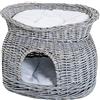 PawHut Cuccia per Gatti a 2 Ripiani In Vimini Grigio con 2 Cuscini Lavabili Interno Esterno 56 × 37 × 40cm