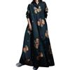 Generic Primavera Stampato Cotone Lino Retro Nazionale Allentato Manica Lunga Big Swing Dress Casual Lady Dresses, Blu, 5XL