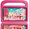 GOODTEL Tablet Kids Android 13 7GB RAM+64 GB ROM, Tablet da 7 pollici per bambini, WiFi, Bluetooth,istruzione + giochi, doppia fotocamera, controllo parentale, con custodia EVA - Rosa