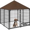 PawHut Recinto per Cani in Metallo e Tessuto Oxford con Porticina per Ciotole, 141x141x151 cm, Nero e Marrone
