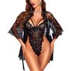 RSLOVE Camicia da notte da donna sexy Lingerie - Abbigliamento da notte in pizzo Ensemble body floreale e vestaglia, Nero , M