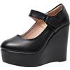 Jamron Donna Piattaforma Alta 11.5CM Tacco a Zeppa Scarpe Mary Jane Gancio e Anello Décolleté in Pelle Nero SN070281-3 EU35