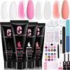 Clara Colors Polygel Kit per unghie, 4 colori Trasparente Bianco Jelly Nude Pink Builder Poly Gel per unghie Kit con soluzione antiscivolo Base Top Coat Gel e strumenti per nail art Kit