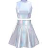 Odizli Costume alieno da donna con colletto alto, con glitter metallizzati, top a crop + mini gonne, Laser argento, M