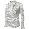 Generic Camicia da uomo in raso, per il tempo libero, casual, liscia, in seta da uomo, a maniche lunghe, slim fit, a tinta unita, colletto rovesciato, camicie con volant, da uomo a maniche lunghe, bianco, L