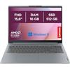 Lenovo IdeaPad Slim 3 Notebook 15,6" FHD (1920x1080) - AMD Ryzen 5 7520U, 16GB RAM, 512GB SSD, Windows 11 Home, WiFi 6 - Arctic Grey, Esclusiva Amazon