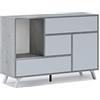 Skraut Home - Madia per Soggiorno o Sala da Pranzo - 86 x 120 x 40 cm - Buffet con 1 Anta + 3 Cassetti - Modello Wind - Legno Resistente - Finitura Cemento/Bianco
