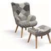 Poltrona HAVANA in tessuto patchwork grigio e gambe in legno, con poggiapiedi
