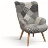 Poltrona HAVANA in tessuto patchwork grigio e gambe in legno