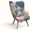 Poltrona HAVANA in tessuto patchwork multicolore e gambe in legno