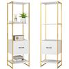 HOMASIS Libreria da Parete a 4 Ripiani e Cassetto, Libreria Verticale a Colonna da Terra in Legno, Struttura in Metallo, Scaffale ad Angolo per Soggiorno, Studio, Cucina, 45 x 35 x 160 cm (Bianco)