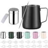 Zuquik Brocca per latte in acciaio inox, 350 ml, barista con misurazione Mark 12oz, bricco per latte con spargitore per cacao, 16 stencil e penna per cappuccino e espresso, nior