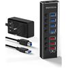 RSHTECH Hub USB 3.0 Alimentato in Alluminio con Alimentatore da 36W(12V/3A) Hub USB 3.0 a 7 Porte con 4 Porte Dati USB 3.0 + 3 Porte di Ricarica Rapida, Interruttore On/Off Individuale (RSH-A37)