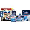 Finish Kit Lavastoviglie, 73 Pastiglie Ultimate PLUS Infinity Shine contro lo Sporco e i Residui Incrostati, Brillantante Regular 500ml, Curalavastoviglie Regular 250ml, Cristalli di Sale 1kg
