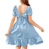 Arshiner Abito da Ragazza Tie Back Manica Corta Vestito Estivo Bambini Tinta Unita A Linea Casual Volant Elegante Principessa Abito Azzurro 130 cm