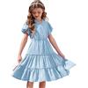 Arshiner Abito Bambina Estivo per Bambini con Maniche a Volant Abito Elegante da Festa Abito a Maniche Corte con Scollo a V Abito Midi Blu 7-8 Anni