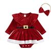 Carolilly Natale 2Pz Completo Neonata Abito Natalizio Bambina in Vlelluto Pagliaccetto Neonata Maniche Lunghe Santa Natale Tutina Elegante Neonata Rosso+Fascia (Rosso, 0-3 Months)